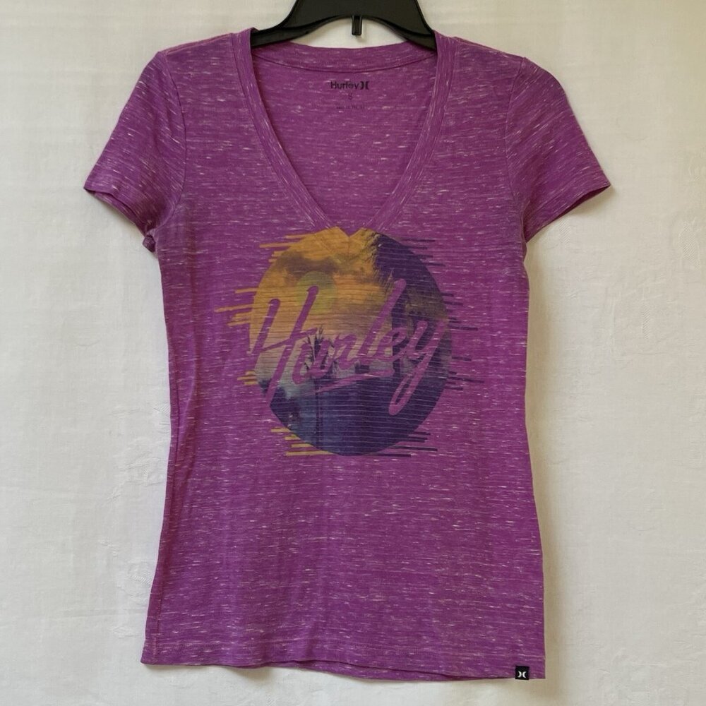 Hurley‎ Y2K Deep Scoop V Neck T Shirt Purple Logo Graphic Womens Small Festival